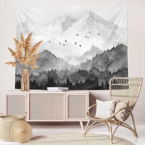 Miniatura 5 de kampdream Tapiz de bosque de montaña, tapiz de pared con diseño de árbol blanco y negro brumoso, paisaje de acuarela, tapiz de paisaje natural