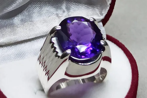 Miniatura 2 de Oval Cut 12 Carat Deep Purple Amethyst Mens Plain Ring Sterling Silver 925 Handmade Amethyst Ring Gift for Him
