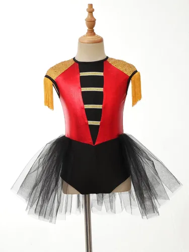 Miniatura 3 de winying Vestido para niñas, disfraz de tambor mayorette, sin mangas, leotardo de malla, tutú, vestido de banda de marcha, vestido de uniforme