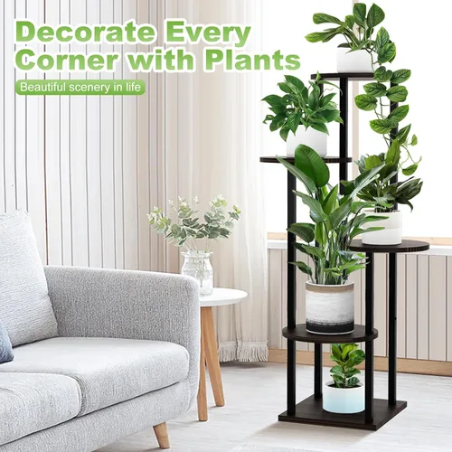 Miniatura 6 de Soporte alto de madera de 4 niveles para plantas, estante de metal para interiores, múltiples estantes para macetas, estante de esquina, estante