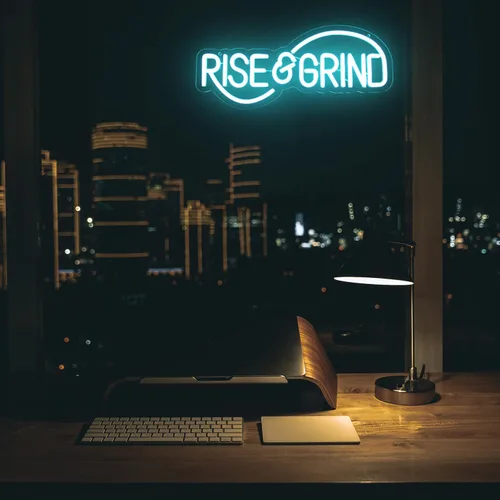 Miniatura 6 de Letrero de neón Rise & Grind Hustle, letreros de neón LED para pared, decoración motivacional, luz de neón de letra azul hielo, arte de pared
