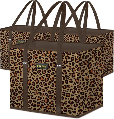 BALEINE Paquete de 3 bolsas reutilizables para comestibles, bolsas de compras plegables para comestibles con parte inferior reforzada y asas Leopardo