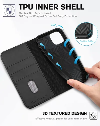 Miniatura 5 de TUCCH Funda tipo cartera para iPhone 12 Pro/iPhone 12 5G, piel sintética de alta calidad, con ranura para tarjetas, diseño de libro con soporte Negro
