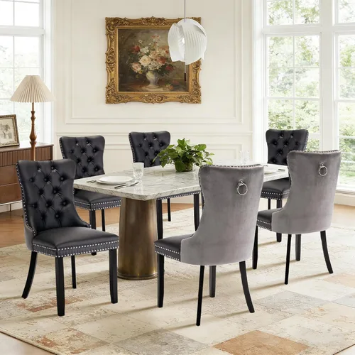 Miniatura 41 de Juego de 4 sillas de comedor de terciopelo, sillas de comedor tapizadas con ribete de cabeza de clavo y patas de madera maciza para cocina