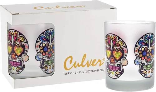 Culver Festive Sugar Skulls - Vasos dobles decorados a la antigua, 13.5 onzas, en caja de regalo, juego de 2 (escarchado)