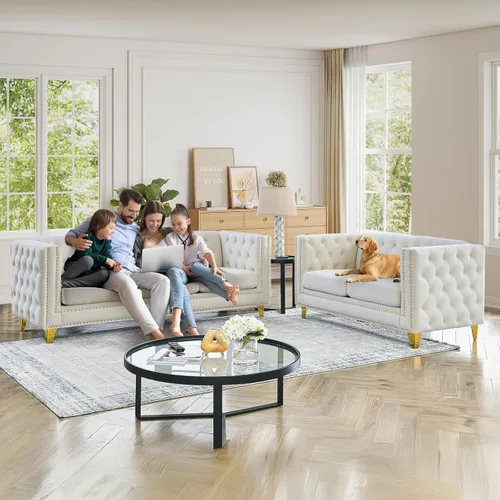 Miniatura 3 de JEEOHEY Juego de Sofás Chesterfield de 2, Sofá Moderno de Terciopelo con Capitoné y Ribete de Tachuelas, Sofá Tapizado de Asiento Profundo, Sofá