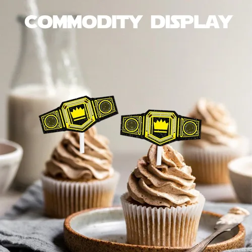 Miniatura 5 de 18 piezas de cinturón pesado con purpurina dorada para postre para cupcakes, decoración temática de campeón de lucha libre, suministros
