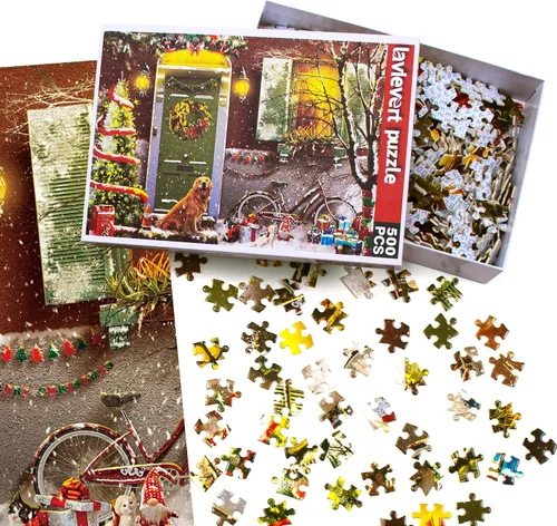 Miniatura 5 de Lavievert Rompecabezas de 500 piezas para adultos, Navidad en la puerta, sonriente Golden Retriever