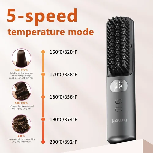 Miniatura 5 de Kawu Plancha eléctrica para el cabello, peine caliente portátil inalámbrico para viajes, de iones negativos de cerámica, mini peine alisador