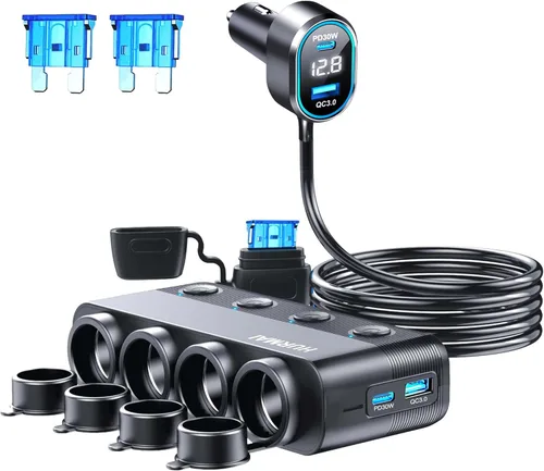 Divisor de Encendedor de Cigarrillos 8 en 1, Adaptador de Encendedor de Cigarrillos para Coche de 4 Tomacorrientes de 264W, Carga Tipo-C QC3.0 PD