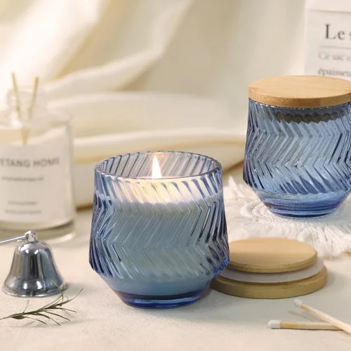 Miniatura 4 de 8 tarros de velas azules de 7 onzas para hacer velas, tarros de vela únicos acanalados, tarros de vidrio con tapas de bambú y etiquetas