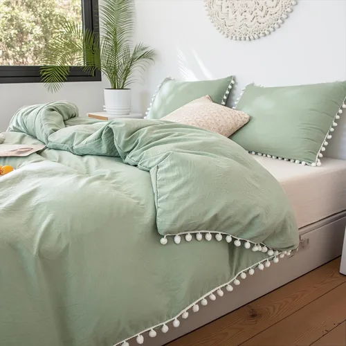 Miniatura 16 de Bedbay Juego de edredón bohemio color beige, edredón con pompones, decoración de habitación estética, bonito juego de ropa de cama con flecos