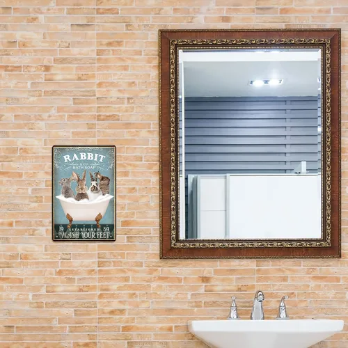 Miniatura 6 de Divertido letrero de metal para decoración de conejo, póster de arte de pared de baño, decoración retro para el hogar, para amantes de los conejos