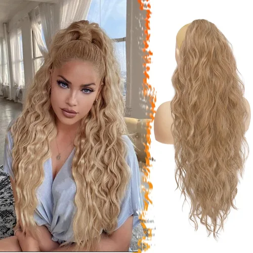 Miniatura 27 de BARSDAR Extensión de cola de caballo rojo burdeos, extensiones de cabello ondulado con cordón de 16 pulgadas para mujer, extensiones de cabello