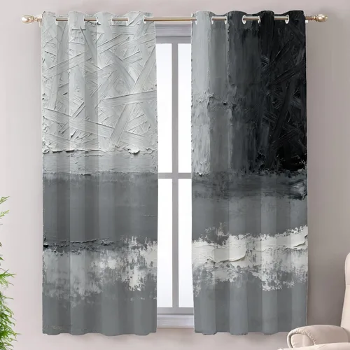 Miniatura 36 de Shrahala Beige and Orange Abstract Art Brushstrokes Blackout Curtain Tiers, Abstract Oil Paint Kitchen Valance Light Blocking Tier Drapes with Rod