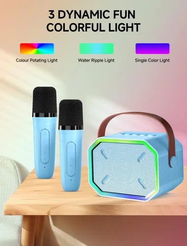 Miniatura 5 de Máquina de karaoke para niños y adultos, mini altavoz Bluetooth portátil con 2 micrófonos inalámbricos, luces LED para TV, regalos para niñas y Azul