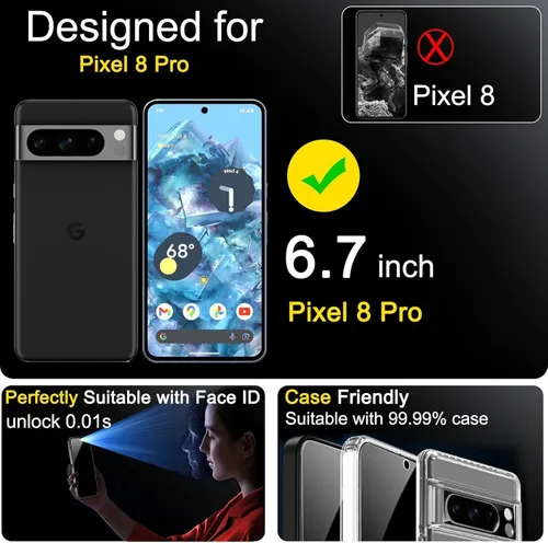 Miniatura 2 de Ferilinso Paquete de 3 Protectores de Pantalla de Privacidad para Google Pixel 8 Pro con Paquete de 3 Protectores de Lente de Cámara de Vidrio Pixel