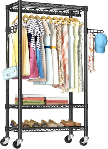 Miniatura 12 de Golpart Perchero de Ropa Resistente con Ruedas, Perchero Rodante para Prendas, Estanterías de Alambre Ajustables para Colgar Ropa con Colgador