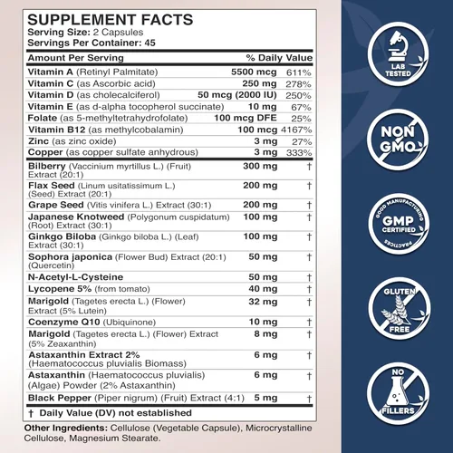 Miniatura 4 de Gade Nutrition Suplementos de luteína y zeaxantina Vitaminas para los ojos de astaxantina con Omega 3, resveratrol, arándano, licopeno