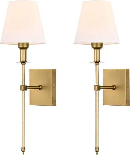 Miniatura 8 de Pauwer Juego de 2 apliques de pared delgados con pantalla de tela blanca cableada para interiores, soporte de columna para dormitorio, lámpara