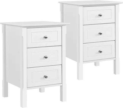 Topeakmart Juego de 2 mesitas de noche de 3 cajones con patas de madera maciza, mesita de noche de madera con amplio cajón de almacenamiento para