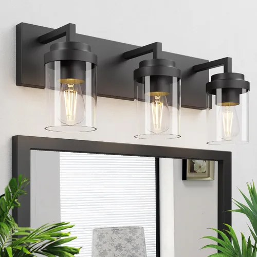 Miniatura 10 de Juego de 2 apliques de pared negros mate, con pantalla de cristal transparente, lámpara de montaje en pared para dormitorio, espejo y sala de estar
