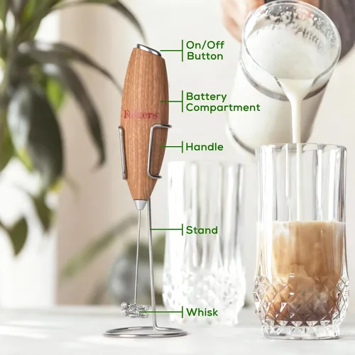 Miniatura 3 de Folgers Espumador eléctrico de leche para café, mezclador de bebidas de mano con batidor y soporte de acero inoxidable, acabado de grano de madera