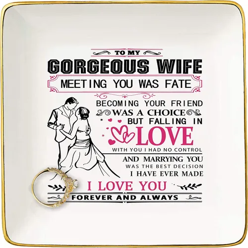 To My Gorgeous Wife Los mejores regalos para esposa de marido Soporte de cerámica para joyas, anillo, plato, joyero, bandeja Cumpleaños, Navidad,