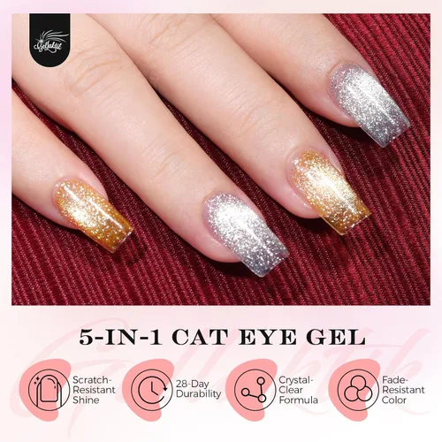 Miniatura 5 de 5-en-1 Esmalte de uñas de gel ojo de gato 15ml Fórmula todo en uno, sin necesidad de capa base/selladora, esmalte de uñas magnético fácil para Ámbar