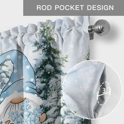Miniatura 5 de Cenefas de gnomo de invierno para cocina, cafetería, cenefa de ventana de pino nevado de Navidad, cortinas cortas de copo de nieve azul, 60 x 18