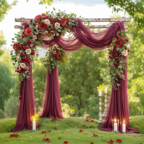 Miniatura 13 de gogoparti Tela drapeada para arco de boda, cortinas de arco burdeos, cortina de telón de fondo transparente para ceremonias, fiestas, cabinas