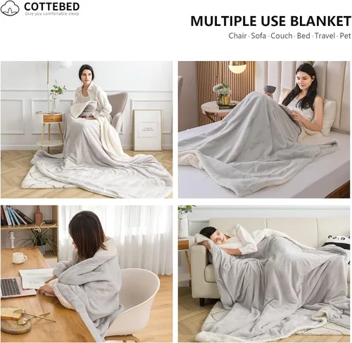 Miniatura 6 de COTTEBED Cálidas mantas de franela Sherpa para cama matrimonial y Queen, reversible, ultra afelpada, 580 GSM, suave y cómoda, esponjosa, manta