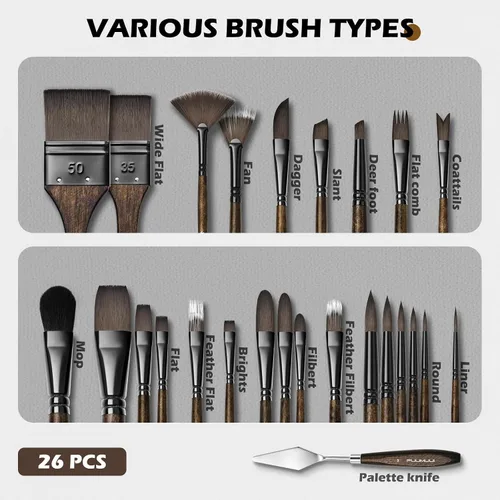 Miniatura 6 de Fuumuui Juego de 26 pinceles de pintura profesional, serie de alta calidad, pinceles de pintura de nailon sintético para paisajes, acrílico, óleo