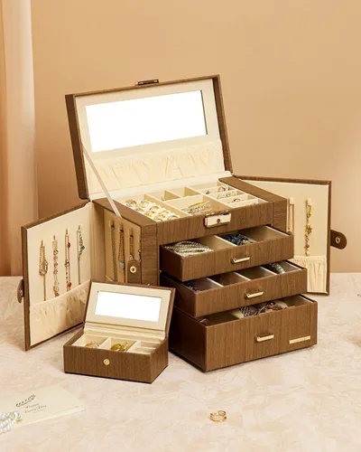 Miniatura 2 de Homde Joyero 2 en 1 para mujeres y niñas con estuche de viaje pequeño, espejo, collar, anillo y aretes, organizador (marrón + dorado)