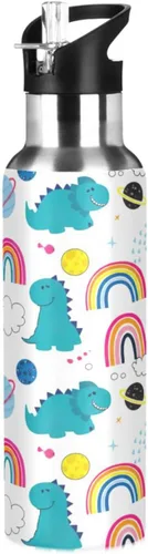 Insulated Stainless Steel Water Bottle with Straw 20 Oz, Leakproof Water Bottles for Gym Outdoor Travel School, Cute Dinosaurs Rainbows White