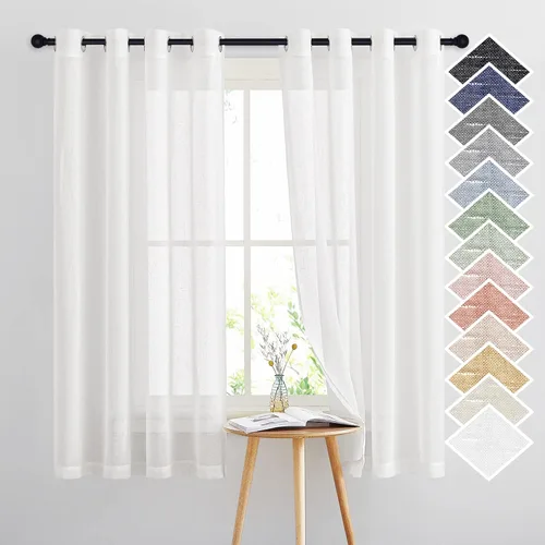NICETOWN Cortinas Transparentes de Lino Blanco de 63 pulgadas de Largo, Tratamiento de Ventana con Ojales Vintage, Textura de Lino Semitransparente