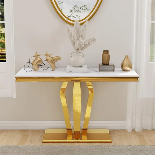Miniatura 10 de ACEDCOR - Mesa consola moderna, mesa rectangular para sala de estar y entrada con base geométrica de espejo, negro dorado