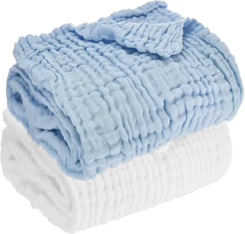 Miniatura 10 de Aablexema Juego de 2 mantas de muselina para bebé, 6 capas de 43 x 43 pulgadas, toallas de baño para recién nacidos, para niños y niñas (blanco)