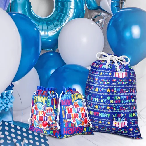 Miniatura 5 de Chapou 4 bolsas grandes de regalo de cumpleaños con cordón de 20 pulgadas, grandes de 12 pulgadas, medianas, reutilizables, de tela azul, para baby