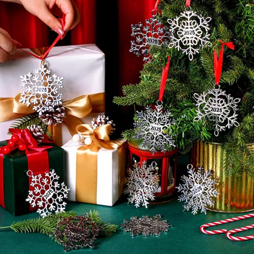 Miniatura 2 de Hotop 12 piezas Adorno de Navidad de copo de nieve de metal 2025 para árbol de Navidad, adornos colgantes de Navidad para árbol de Navidad, adornos