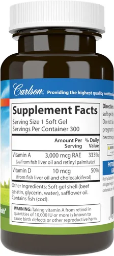 Miniatura 2 de Carlson - A y D, 10000 UI (3000 mcg RAE) Vitamina A, 400 UI (10 mcg) Vitamina D3, Apoyo a la Visión, Salud de la Piel, 300 Geles Suaves