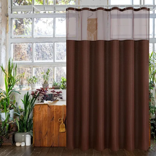Miniatura 8 de Gibelle Juego de cortina de ducha de tejido gofre con ventana superior de malla y ganchos, cortina de ducha de tela estilo spa para baño, beige, 72