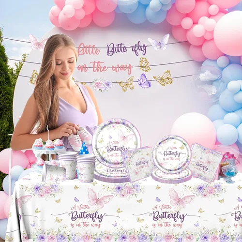 Miniatura 5 de Juego de vajilla de mariposa para baby shower, con diseño de mariposa con texto en inglés «A Little Butterfly Is On Her Way»