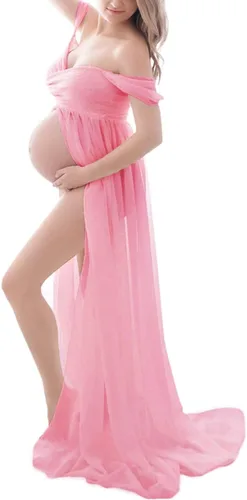 ZIUMUDY Vestido de gasa de maternidad con hombros descubiertos para sesión de fotos, vestido largo de encaje frontal dividido para fotografía