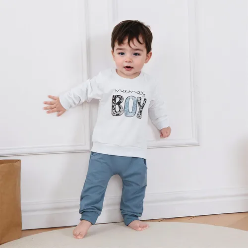 Miniatura 3 de Conjunto de 2 piezas de sudadera con estampado de letras y cuello redondo para bebé niño