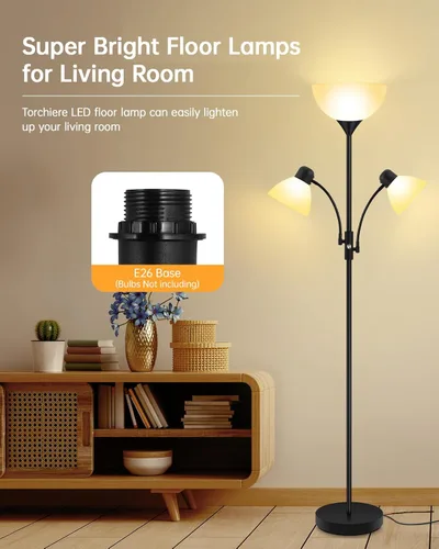 Miniatura 2 de Torchiere - Lámpara de pie para sala de estar, lámpara de pie de 71 pulgadas de alto, lámparas de dormitorio con luz de lectura, interruptor Negro