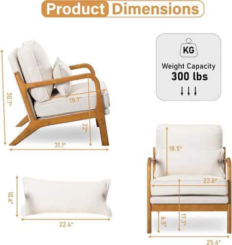 Miniatura 2 de Silla decorativa con cojín, moderno sillón tapizado de mediados de siglo, sofá de lectura individual, respaldo alto con tela de lino + marco