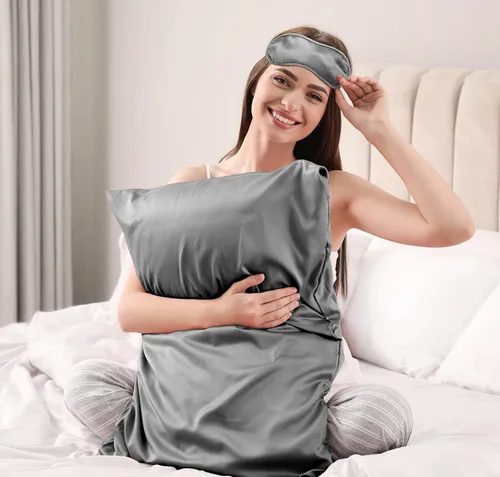 Miniatura 8 de Juego de funda de almohada de satén y máscara de ojos (negro)