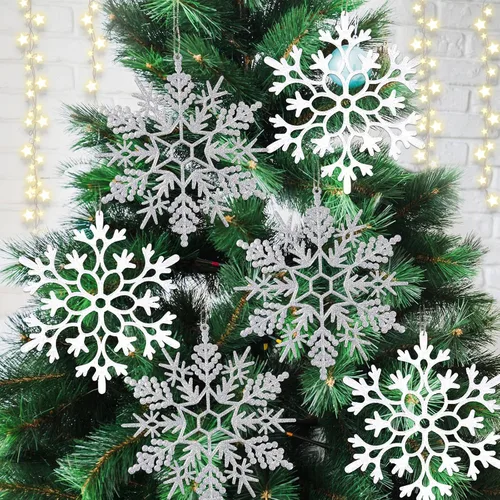 Miniatura 10 de 6 piezas de adornos grandes de copos de nieve dorados de 12 pulgadas, copos de nieve grandes de plástico con purpurina para invierno, interiores