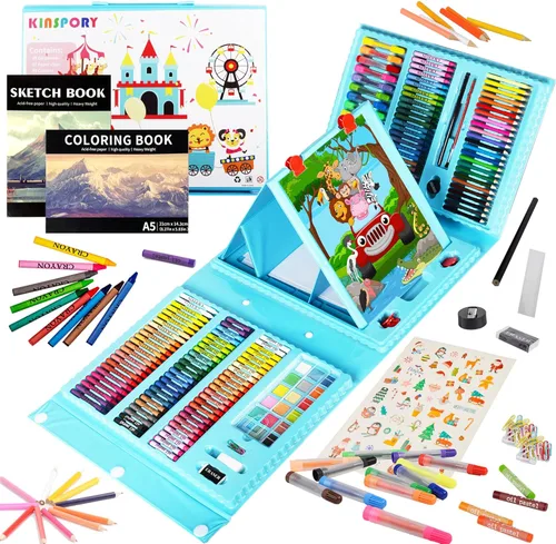 Miniatura 9 de KINSPORY Kit de arte, 290 unidades de arte para manualidades, kit de colorear, caballete triple de doble cara, pasteles al óleo, crayones y lápices